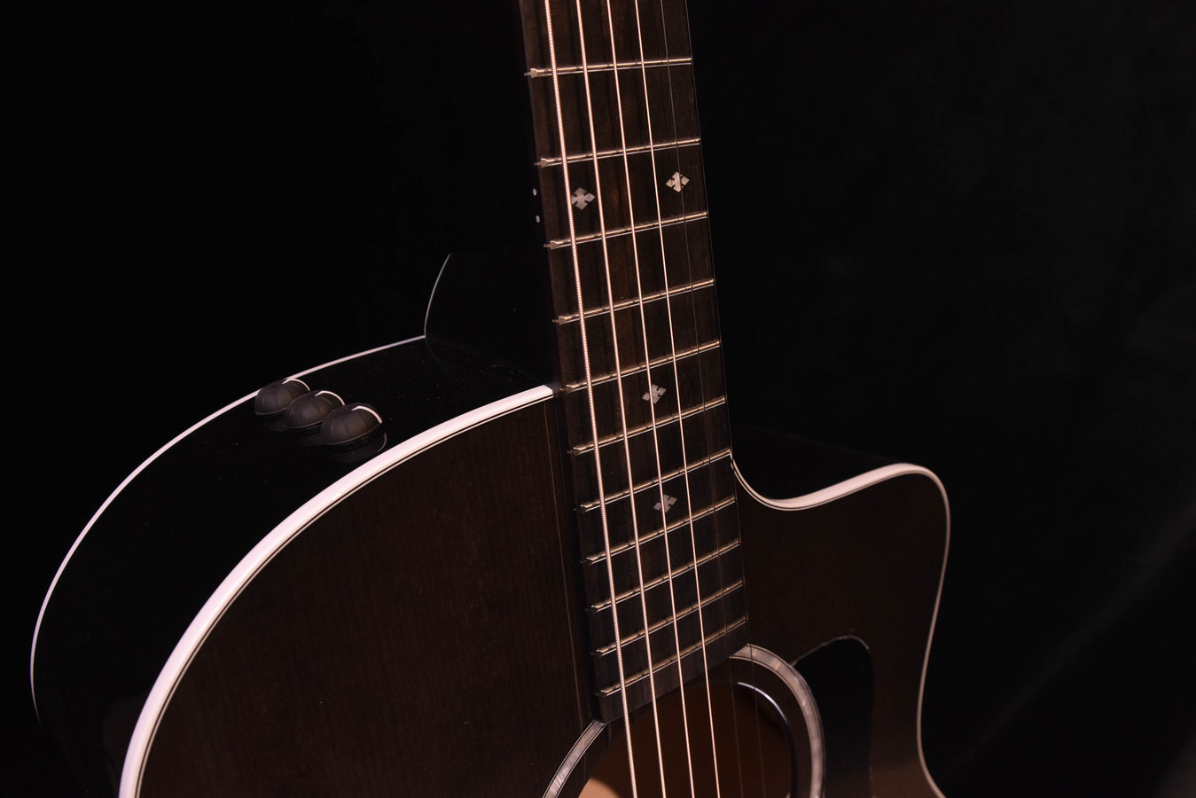 Halsansicht Akustikgitarre mit Bünden und Griffbrett