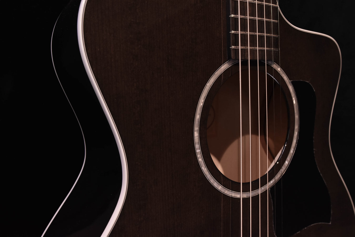 Korpusdetail Akustikgitarre mit Schalloch-Rosette und Tonabnehmerbereich
