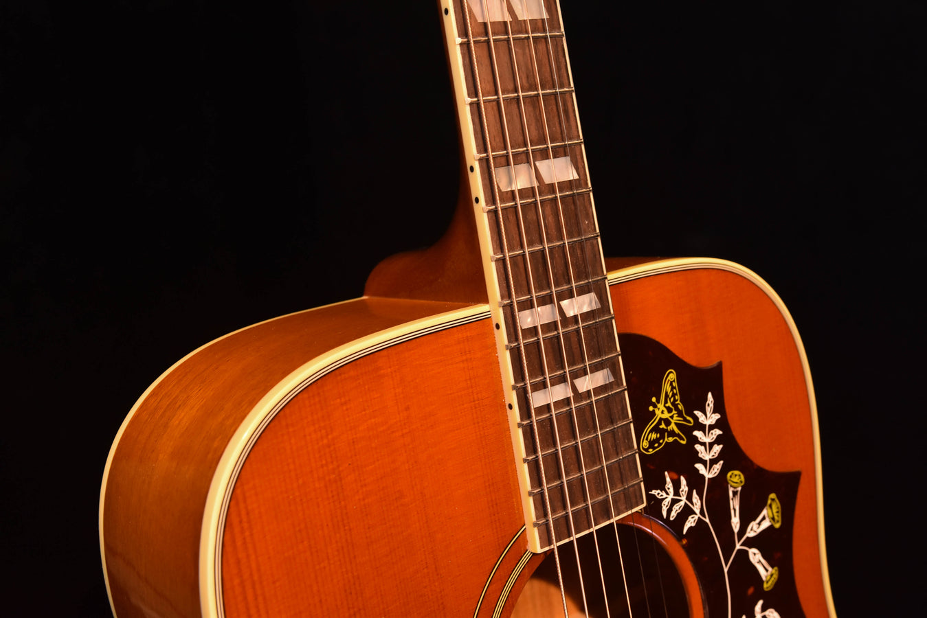 Acoustic guitar neck and fretboard, cherry body edge with bird emblem soundhole