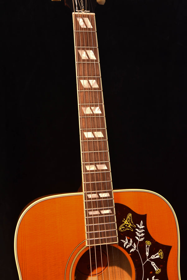 Guitar headstock and fretboard with cherry body edge and bird pickguard