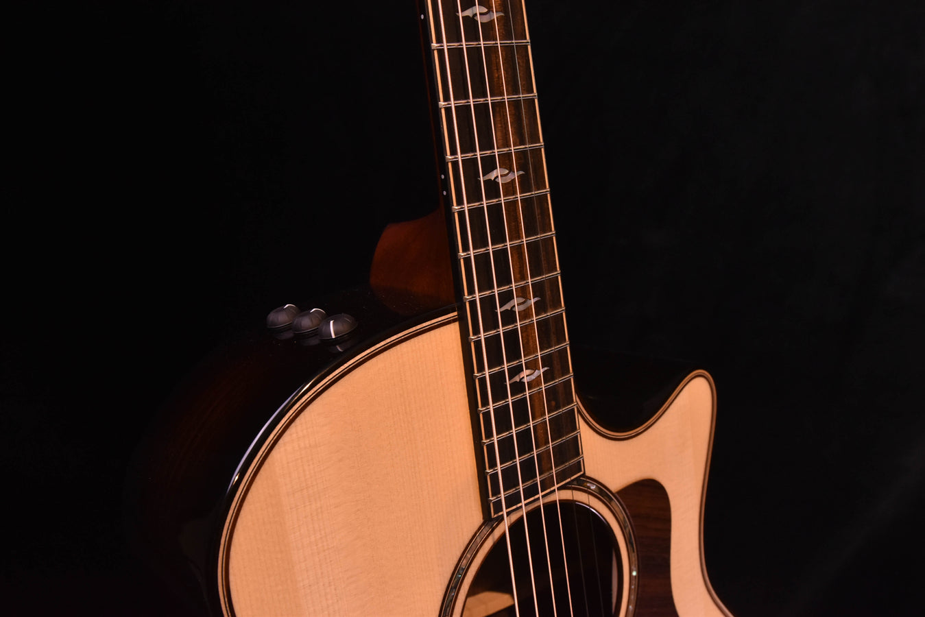 Guitar neck and headstock above the soundhole on a light wood acoustic body