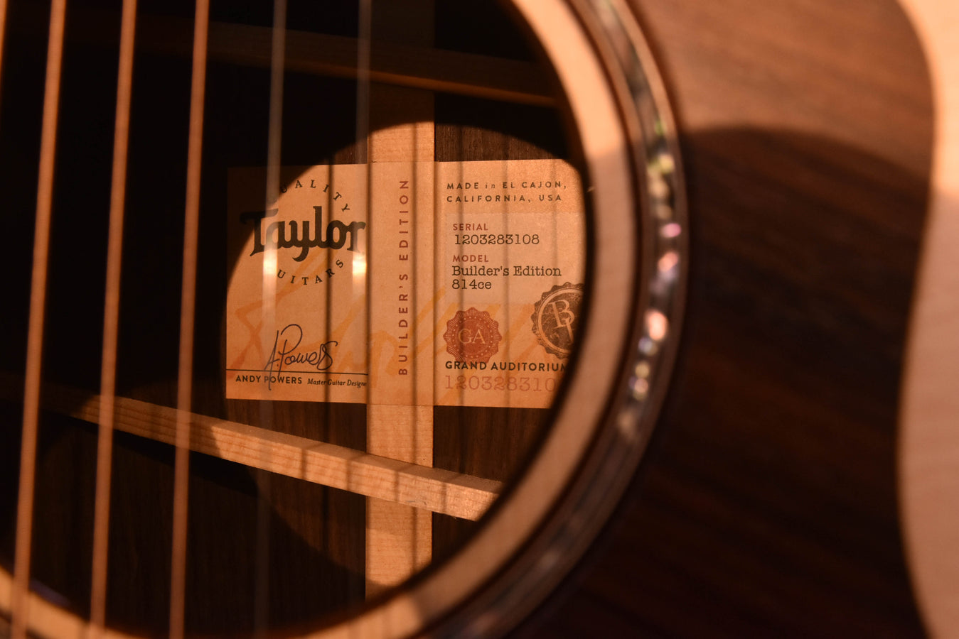 Taylor 814CE inside label on the guitar body near the soundhole