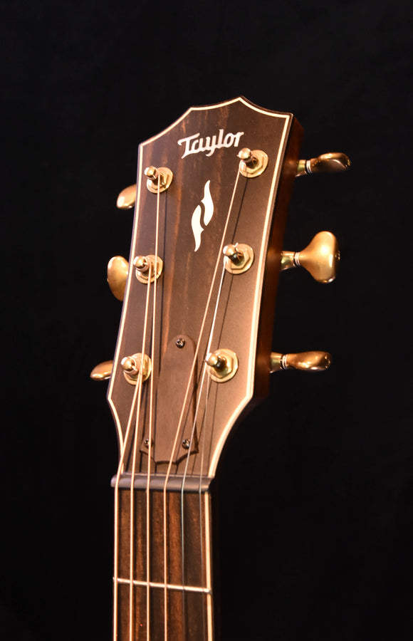 Guitar headstock with Taylor logo, tuning pegs, and nut on light wood