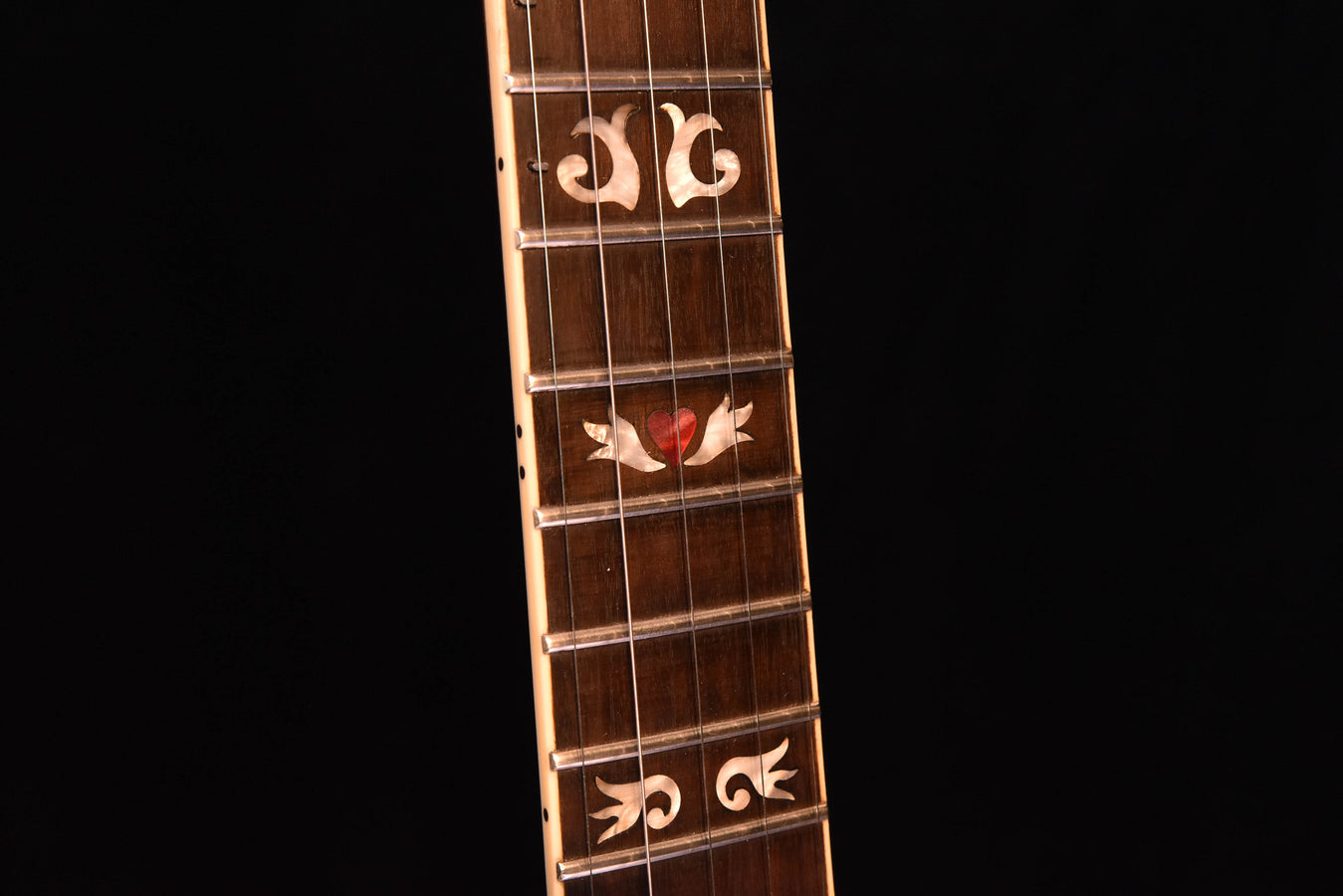 Banjo fretboard close-up with ornamental inlays and small heart detail