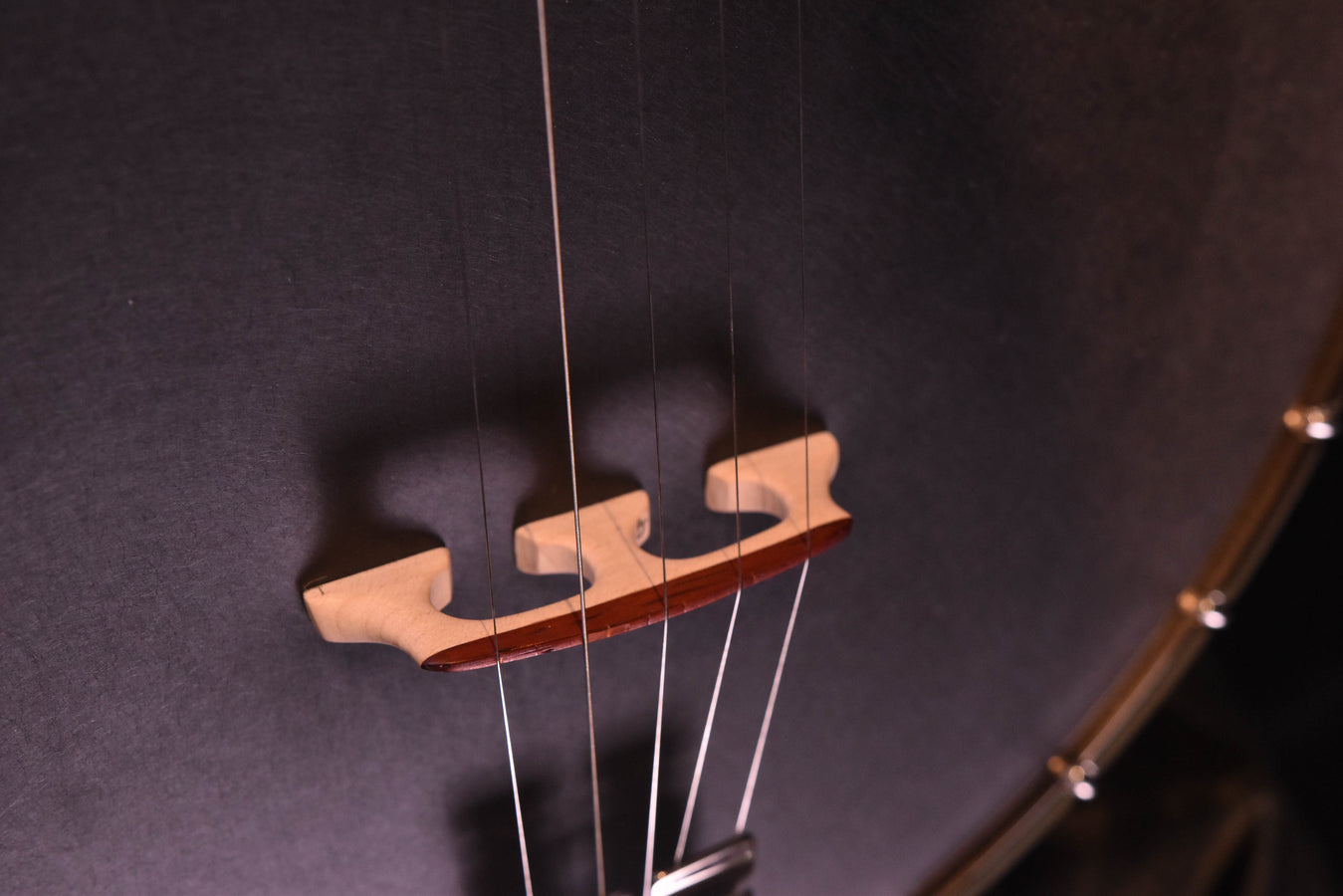 Banjo strings and wooden bridge with visible tone bar and bridge plate