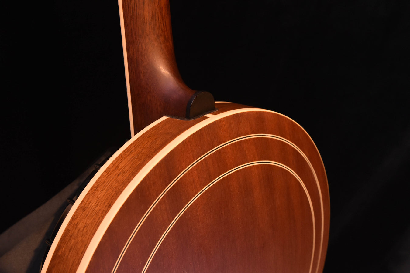 Banjo neck and resonator edge, showing curved cream inlay rings on wooden body