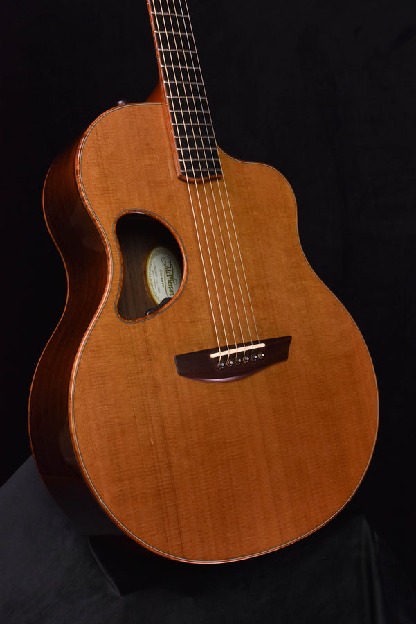 Used McPherson acoustic guitar, close view of sound hole, bridge and strings