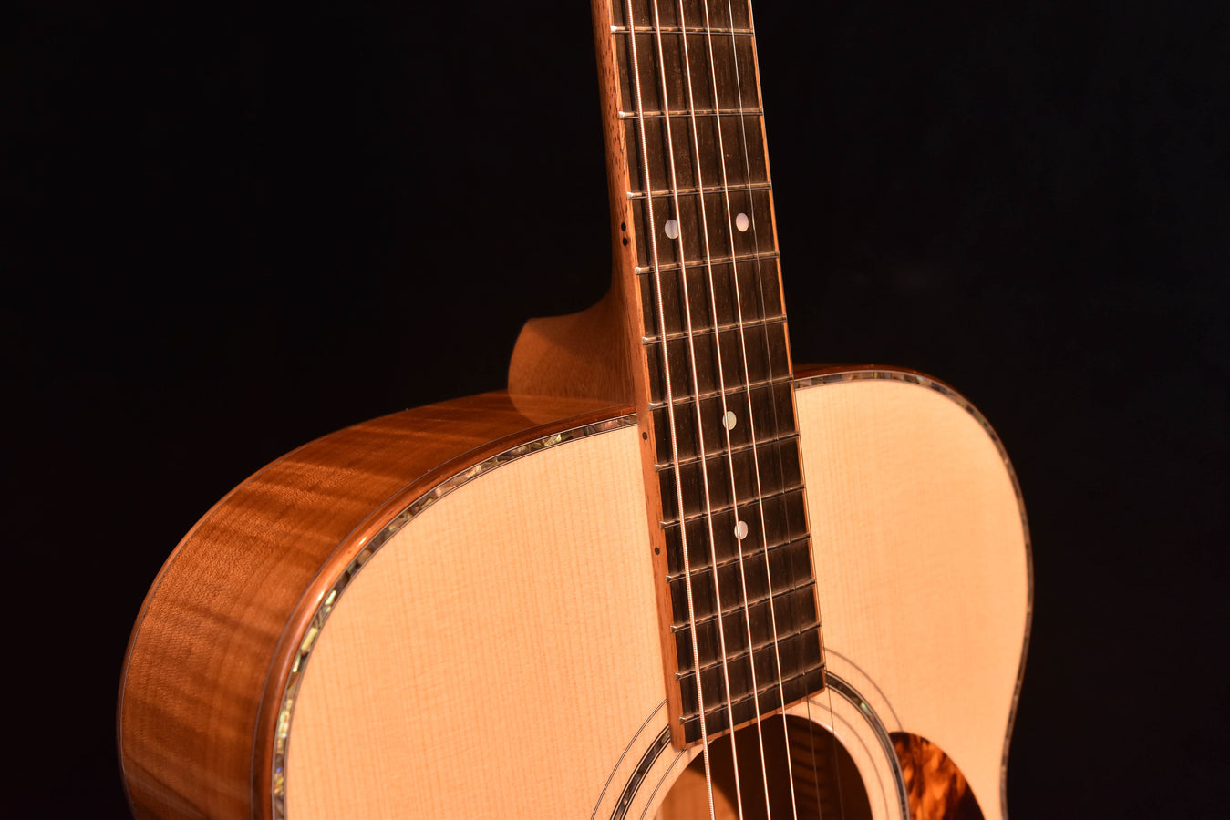 Acoustic guitar upper bout close-up showing neck, fretboard and side wood grain
