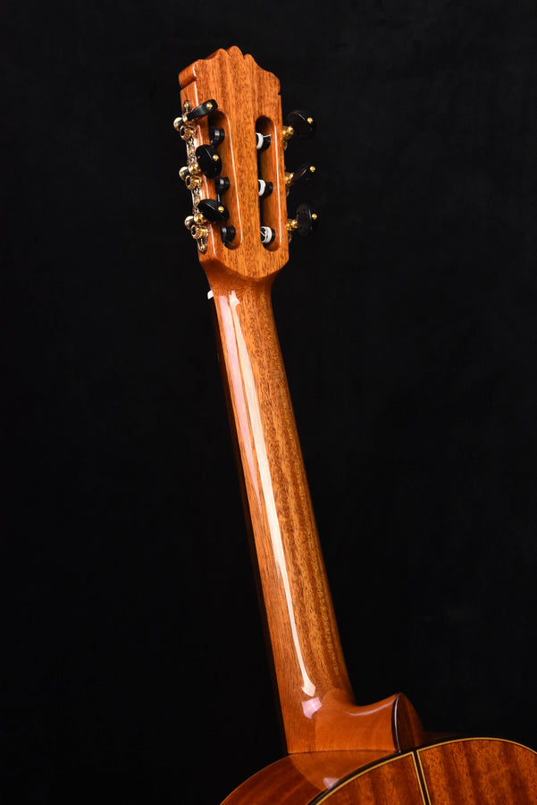 Classical guitar neck and headstock from side, natural glossy wood finish