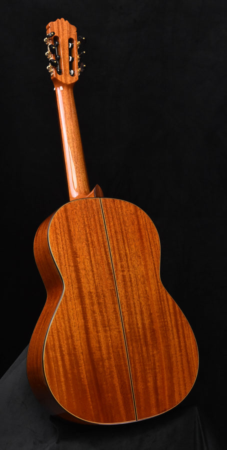 Classical parlor guitar back view with neck and headstock, natural wood finish