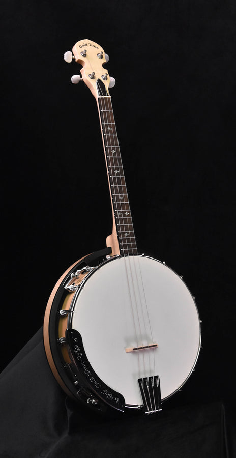 Gold Tone Irish Tenor banjo with white resonator head and maple neck