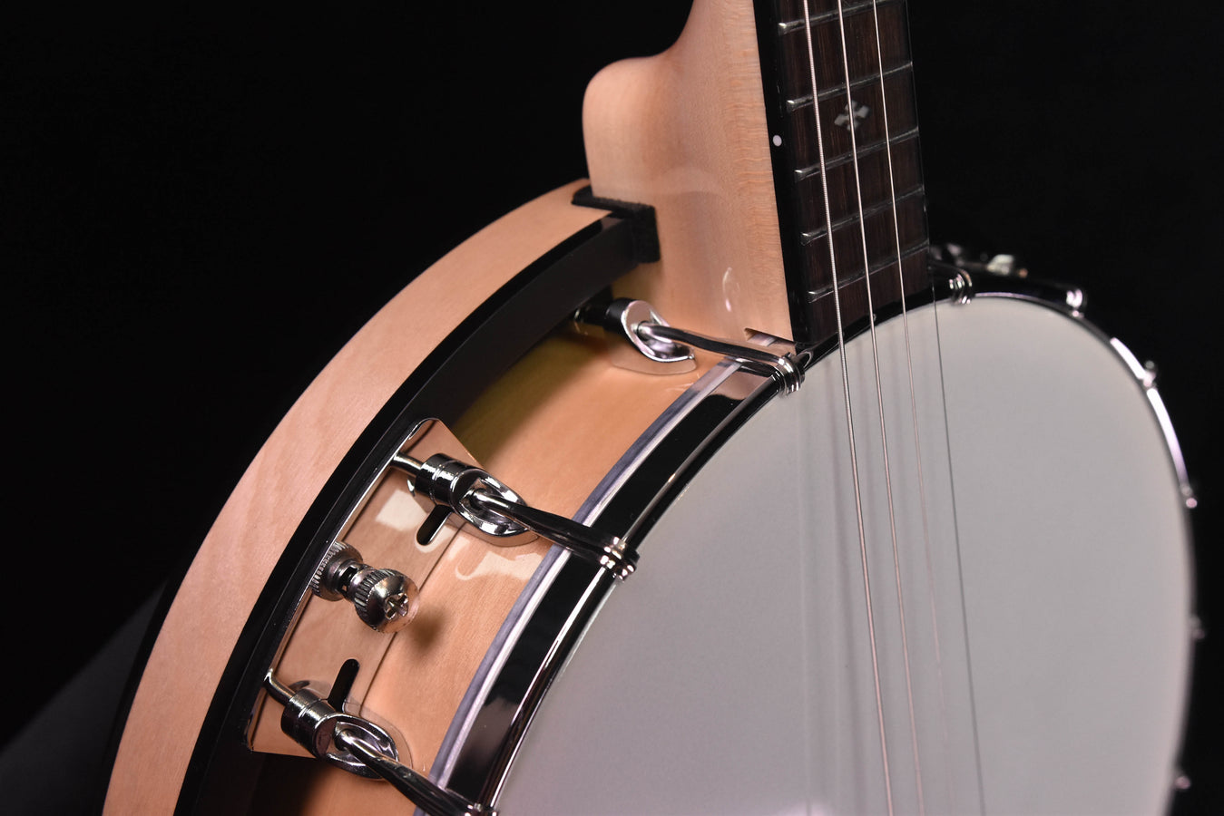 Irish tenor banjo side with wooden resonator, tension hooks, and mounting ring