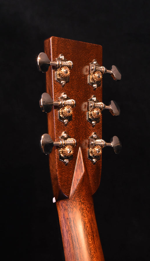Bourgeois Vintage 000 acoustic guitar headstock with chrome tuning pegs