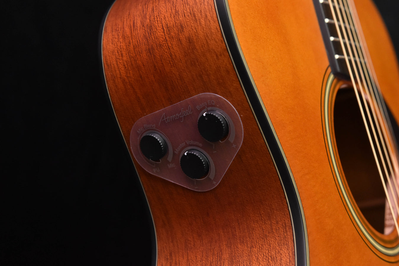 Yamaha FSX5 control panel on acoustic body with three dark knobs and label markings