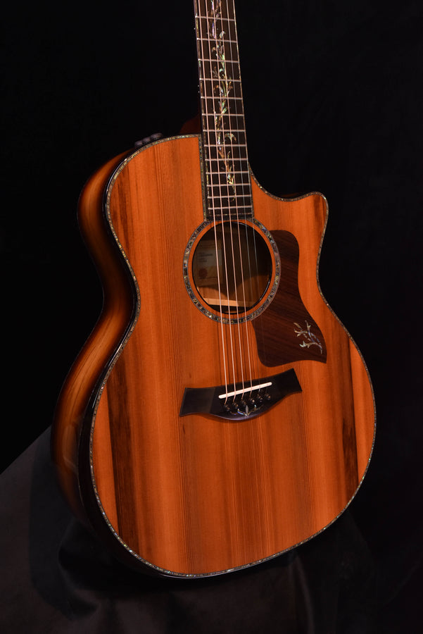 Taylor acoustic electric guitar, natural wood finish, round soundhole, cutaway body shape