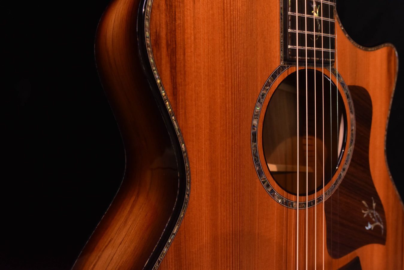 Acoustic electric guitar body close-up with soundhole and decorative rosette inlay border