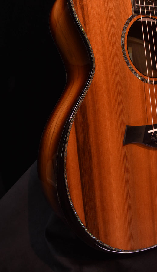 Acoustic electric guitar side view with black binding and decorative edge inlay detail