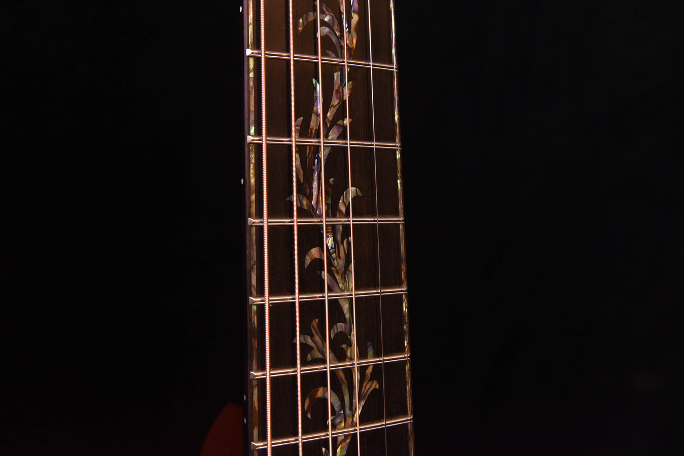 Fretboard close-up with decorative inlay along frets and tuning machine hardware