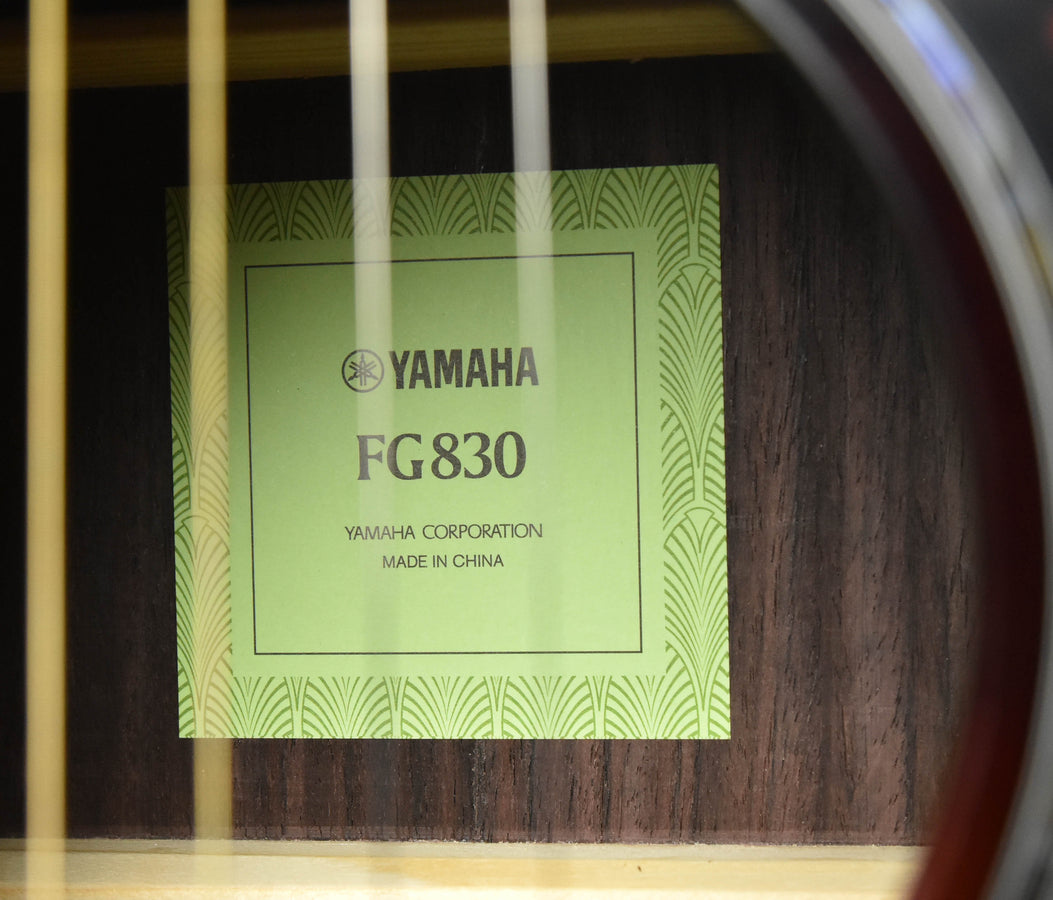 FG830 guitar label with Yamaha logo and MADE IN CHINA on back