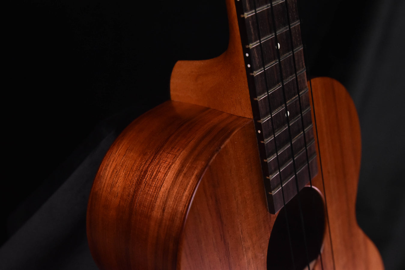 Tenor ukulele close-up of neck and strings on dark wood fingerboard