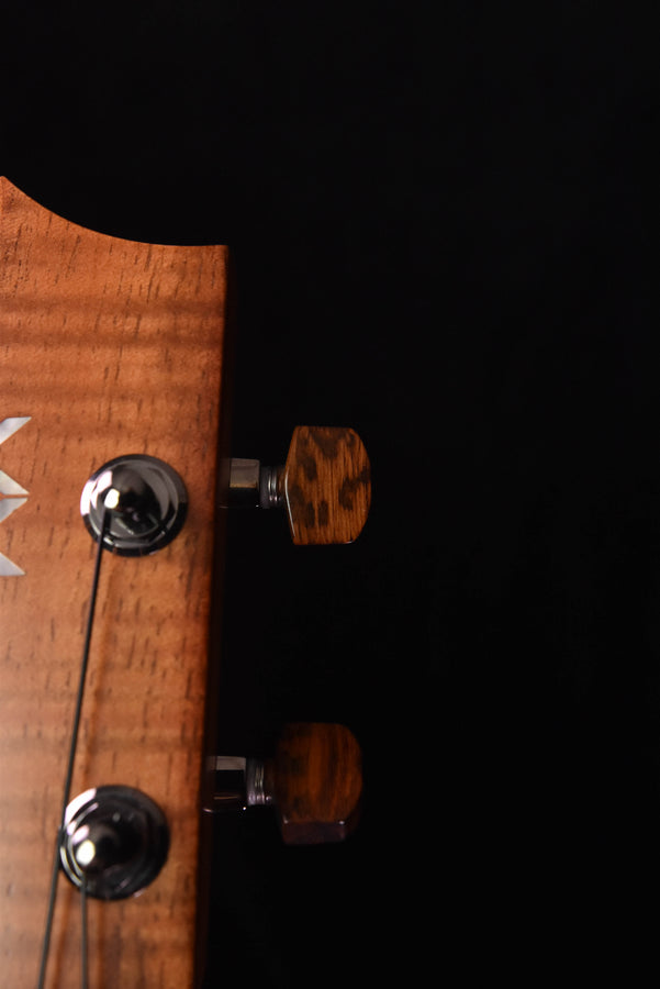 Tenor ukulele headstock close-up showing two tuners and tuning posts