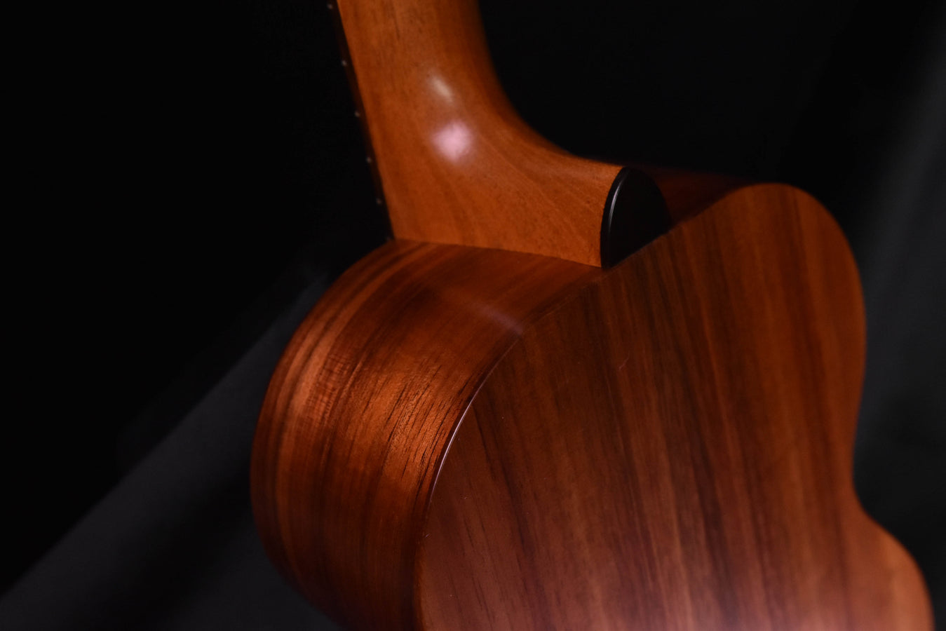 Tenor ukulele body close-up with curved top and sound hole edge