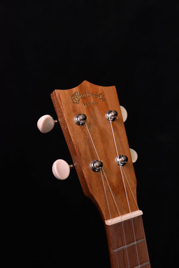 All-Koa concert ukulele headstock, tuning pegs and Martin logo