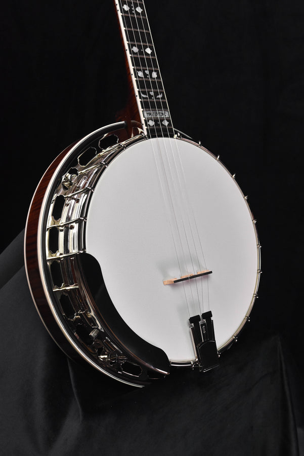 Five-string banjo with white drumhead, chrome hardware, and dark neck