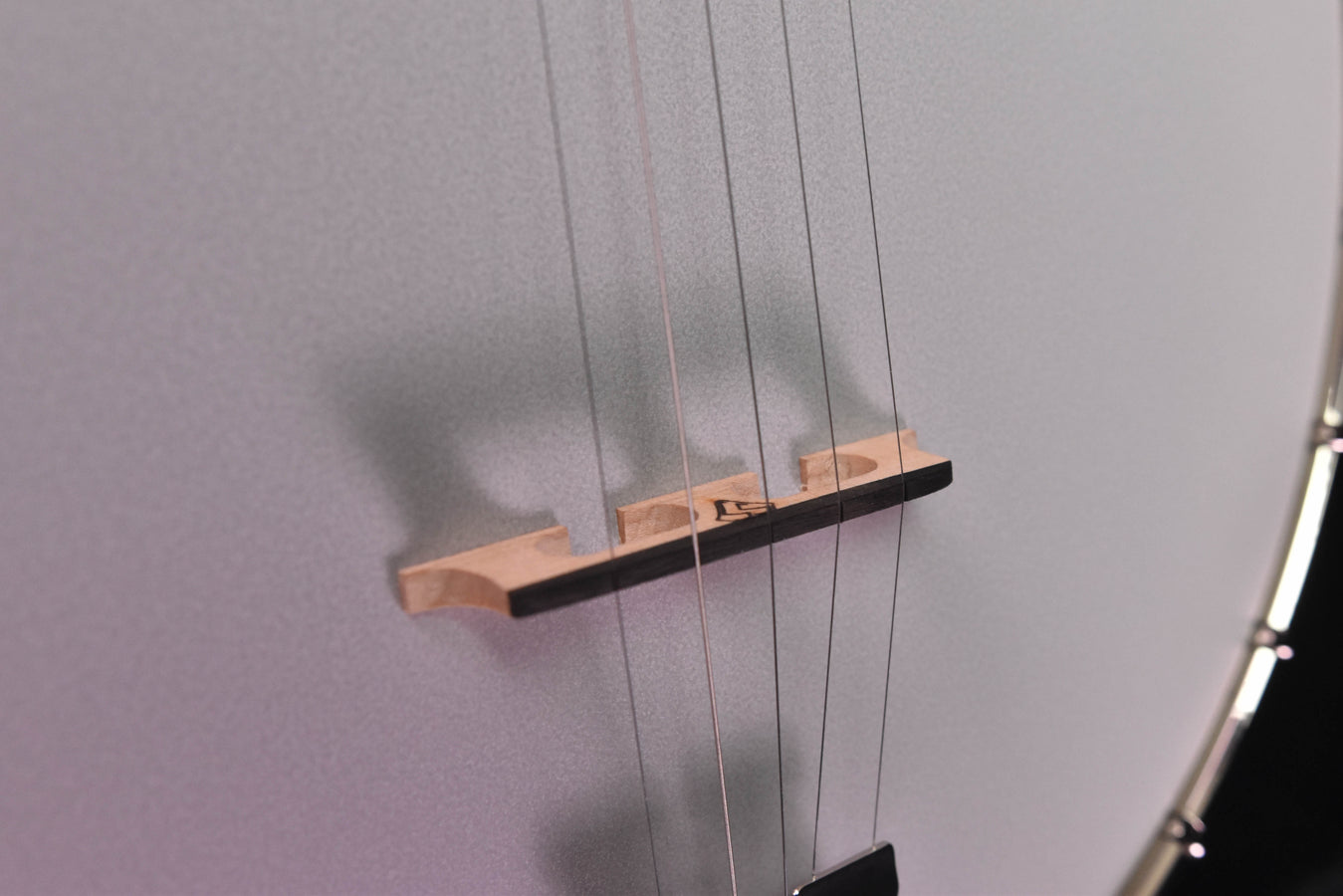 Banjo strings over the white drumhead bridge and sound area