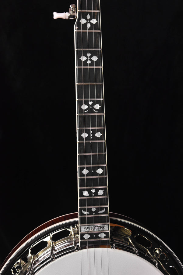 Banjo fretboard with mother-of-pearl style dots and five tuning pegs