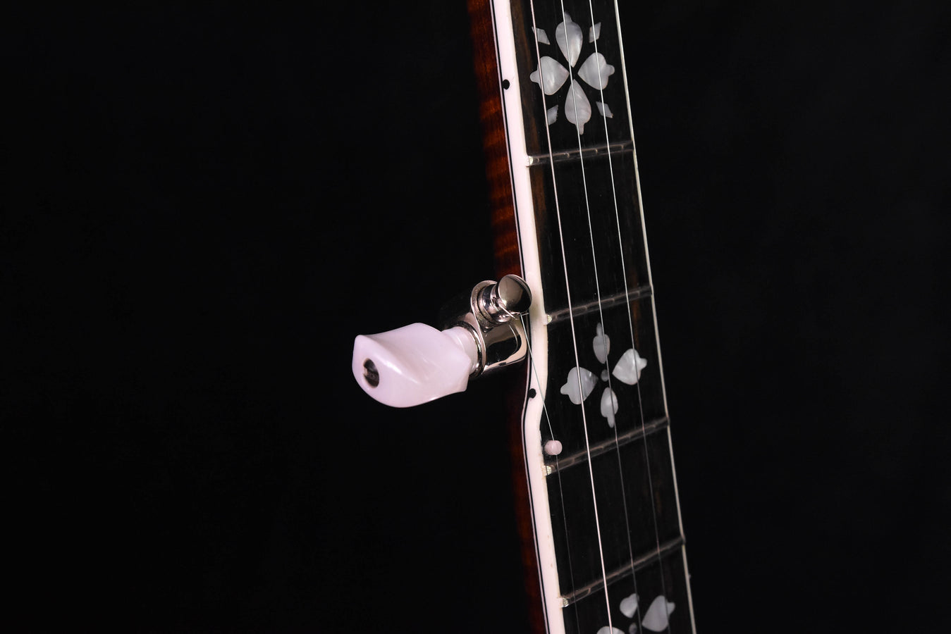 Banjo headstock with tuning peg and inlay pattern on dark neck
