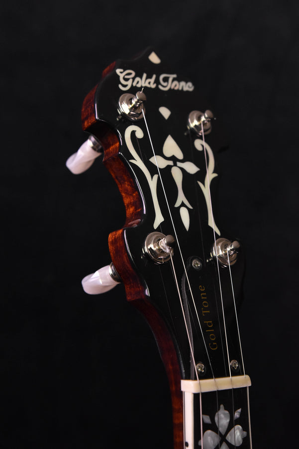 Banjo headstock front with Gold Tone logo, tuning pegs, and white inlay