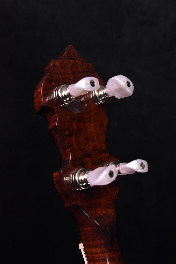 Banjo headstock back with chrome tuning hardware on dark wood finish