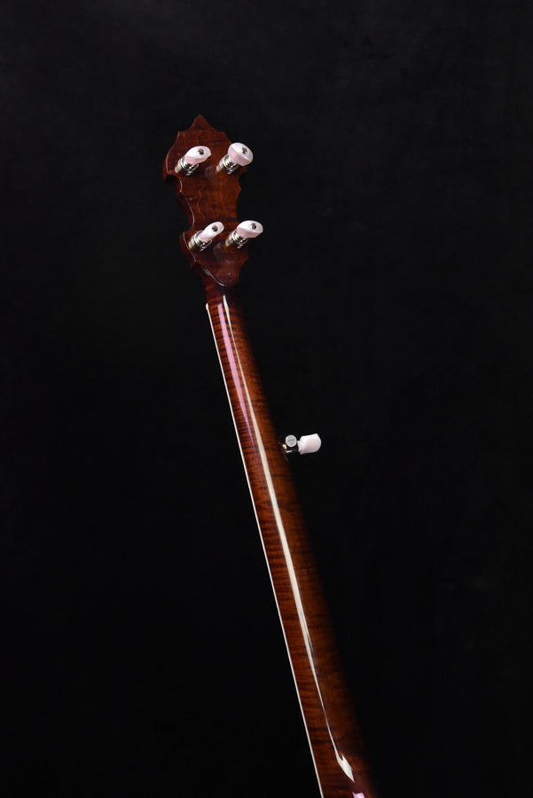 Five-string banjo neck with tuning pegs and headstock, dark brown wood finish