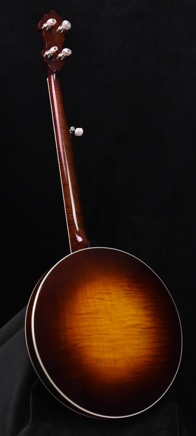 Full view of five-string banjo with headstock and resonator, dark brown finish