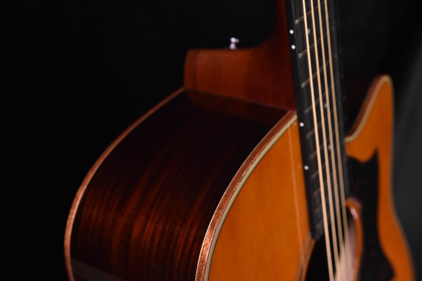 Acoustic-electric guitar neck and body joint, dark wood grain close-up