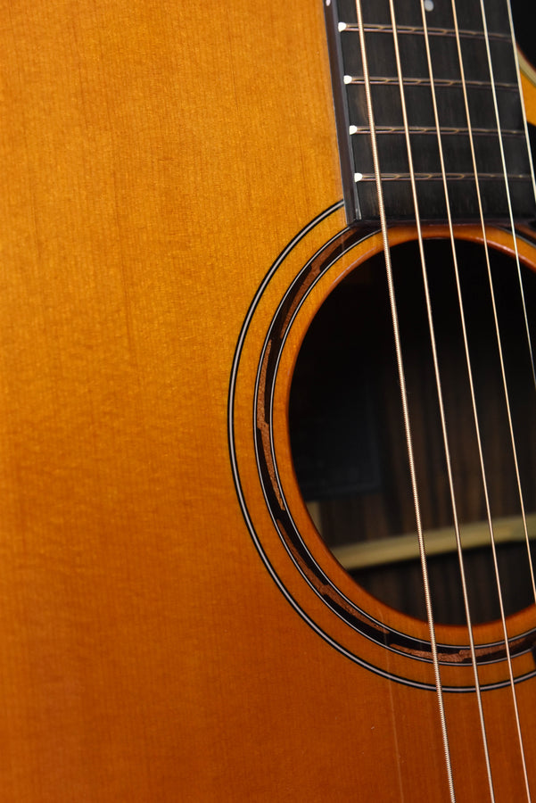 Acoustic-electric guitar soundhole rosette and strings with bound edge