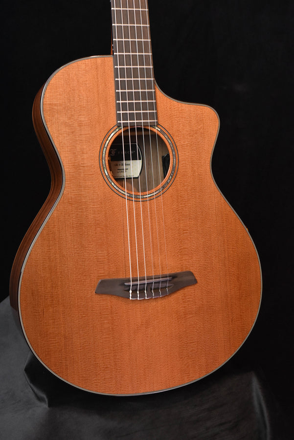 Soundhole, rosette, and bridge on natural wood acoustic guitar (GNc4-CR)