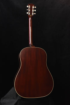 used 1959 j-50 acoustic guitar, back view with dark glossy finish and binding