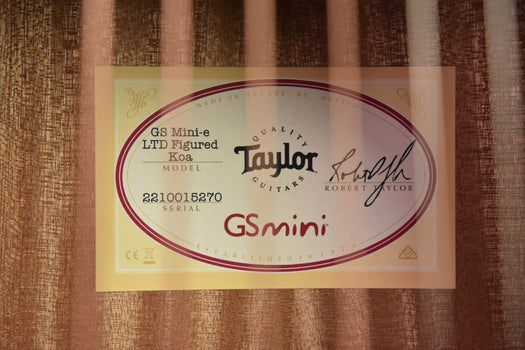 model label: gs mini-e ltd figured koa, serial number sticker