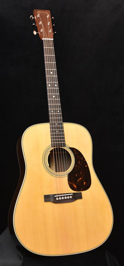 Martin D-28E dreadnought acoustic guitar, glossy natural finish, soundhole and bridge