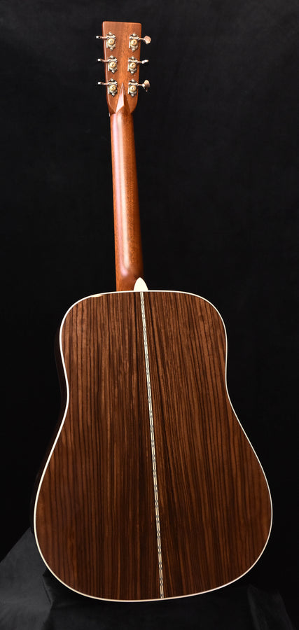 D-28E dreadnought acoustic guitar back, dark wood grain and center seam