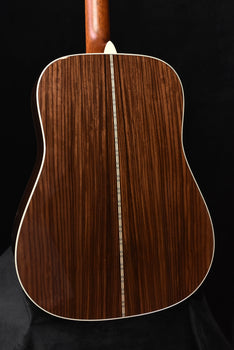 d-28e dreadnought back view with dark wood grain and light binding