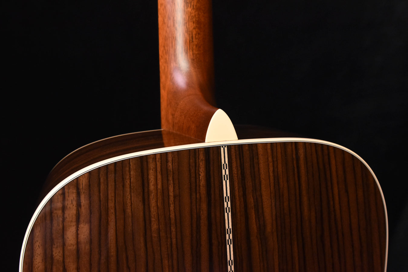 D-28E upper bout and neck joint, dark wood grain with white top binding
