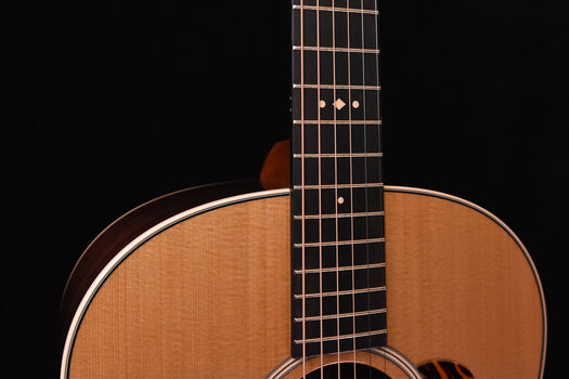 acoustic guitar neck and fretboard with dot inlays, top of body edge visible