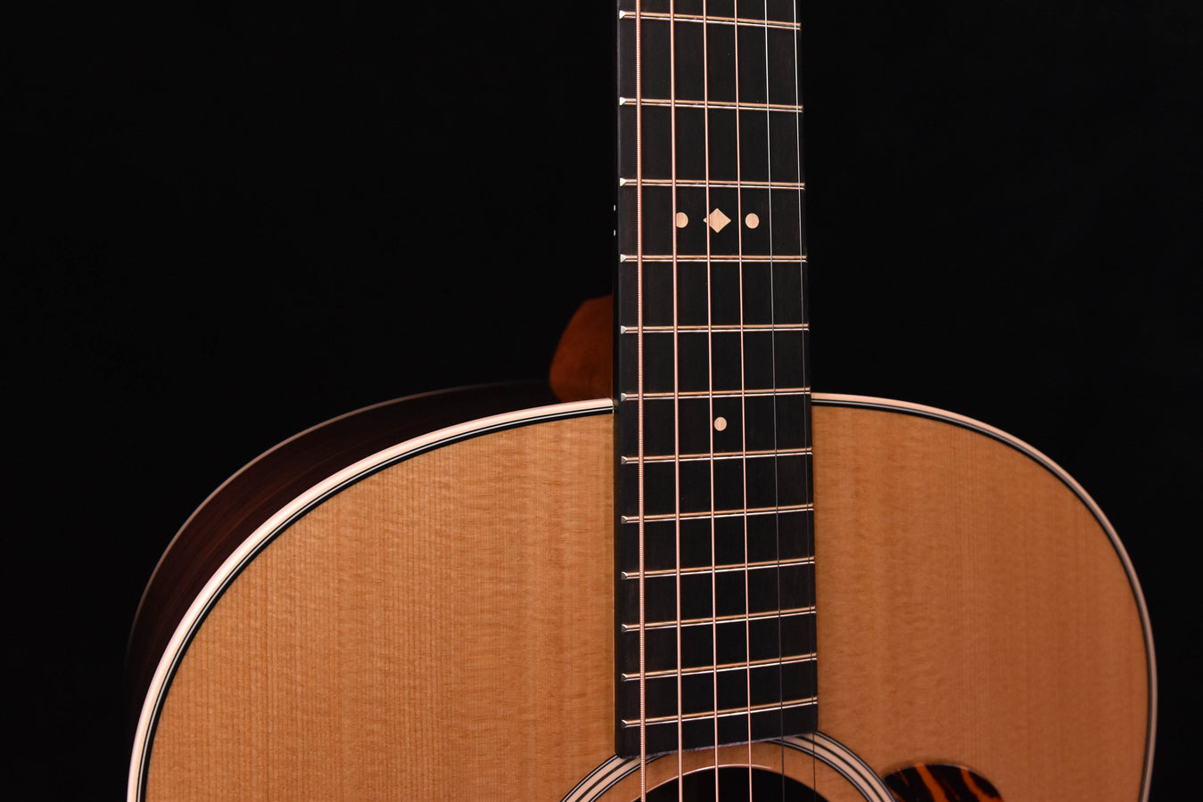 Acoustic guitar neck and fretboard with dot inlays, top of body edge visible