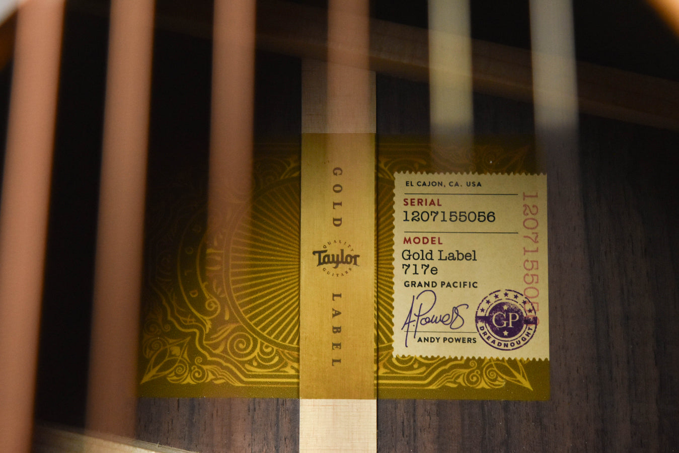 Gold Label 717E serial/model label on neck block with GP seal