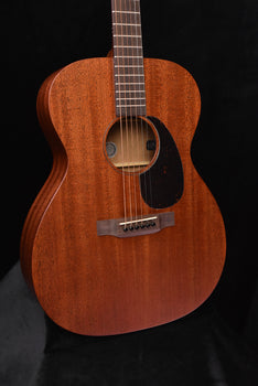 satin all-mahogany acoustic guitar, body front with black pickguard and bridge