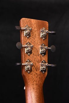 satin all-mahogany acoustic guitar headstock with six tuning pegs, front