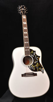 alpine white gloss acoustic guitar, hummingbird pickguard and round sound hole
